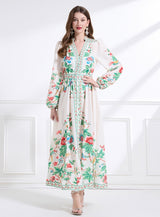 Palace V-neck Breasted Long Printed Dress