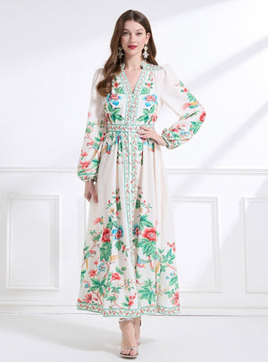 Palace V-neck Breasted Long Printed Dress