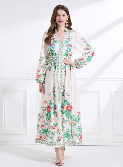 Palace V-neck Breasted Long Printed Dress