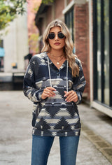 Geometric Pattern Long Sleeve Hooded Button Top