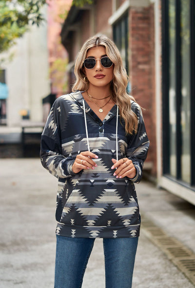 Geometric Pattern Long Sleeve Hooded Button Top