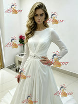 White Chiffon Long Sleeve Pleats Beading Wedding Dress