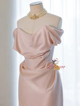 Pink Satin Off the Shoulder Pleats Prom Dress