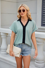 V-neck Contrast Short Sleeve Loose T-shirt