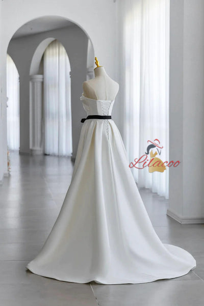A-Line Ivory Satin Pleats Wedding Dress