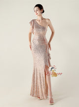 Mermaid One Shoulder Sequins Split Beading Prom Dress