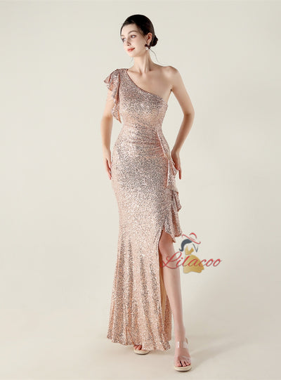 Mermaid One Shoulder Sequins Split Beading Prom Dress