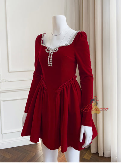 Retro Red Velvet Long Sleeve Dress