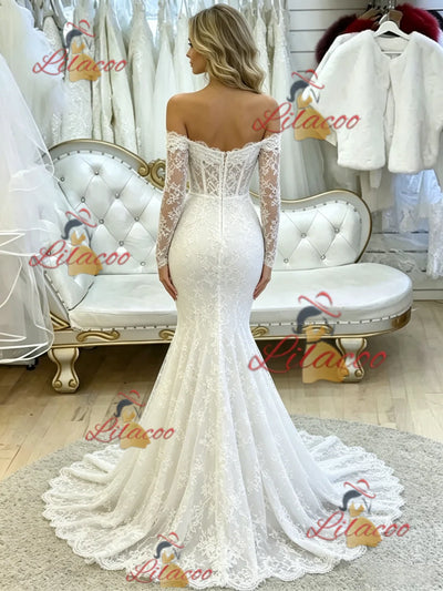 White Mermaid Lace Long Sleeve Wedding Dress