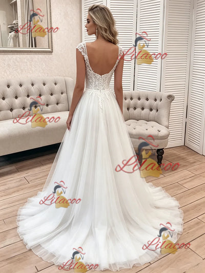 White Tulle Lace Straps Wedding Dress