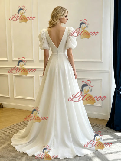 White V-neck Puff Sleeve Pleats Wedding Dress