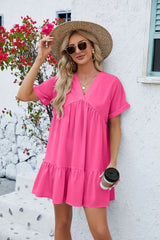 Solid Color V-neck Loose Pleated Dress