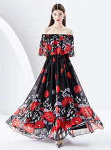 Irregular Diagonal Shoulder Chiffon Floral Dress