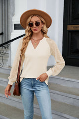 Waffle Lace Stitching Long Sleeve V-neck T-shirt