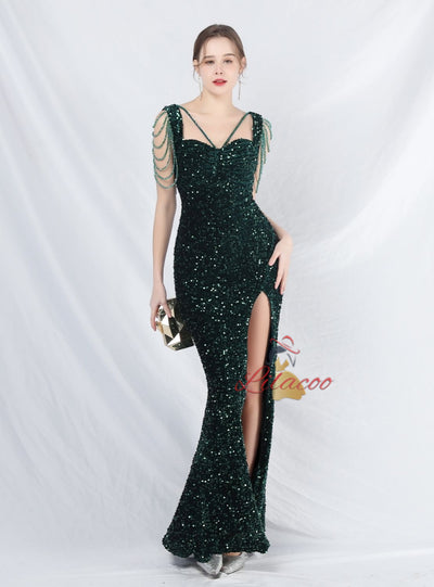 Mermaid Sequins Straps Beading Prom Dress