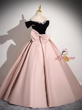 Pink Satin Off the Shoulder Bow Prom Dress