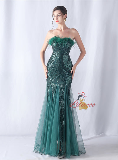 Mermaid Seuqins Tulle Feather Prom Dress