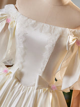 Ivory Satin Lace Puff Sleeve Bow Wedding Dress