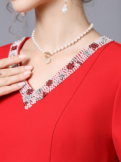 Red V-neck Short Sleeve Mother Of The Bride Dress