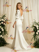 Ivory Satin Long Sleeve Beading Wedding Dress