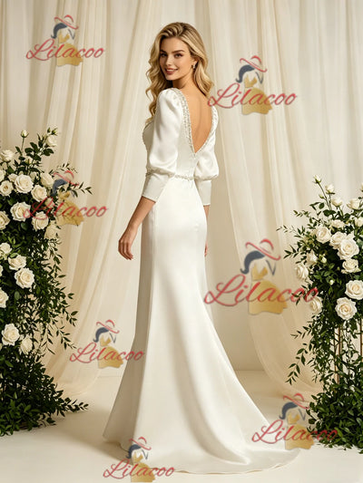 Ivory Satin Long Sleeve Beading Wedding Dress