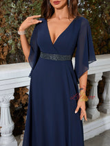 Navy Blue Chiffon V-neck Prom Dress
