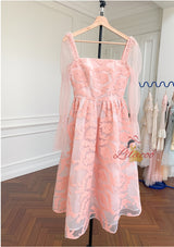 Pink Lace Long Sleeve Prom Dress