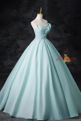Blue Tulle Strapless Pleats Beading Prom Dress
