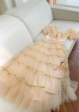 Champagne Tulle V-neck Prom Dress