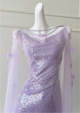 Purple Sequins Tulle Sleeveless Prom Dress