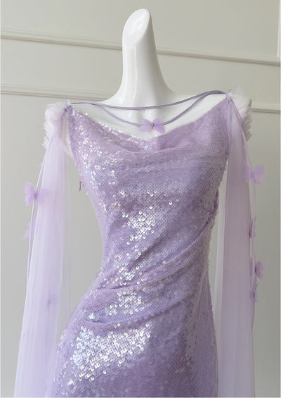 Purple Sequins Tulle Sleeveless Prom Dress