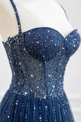 Blue Spaghetti Straps Tulle Beading Prom Dress