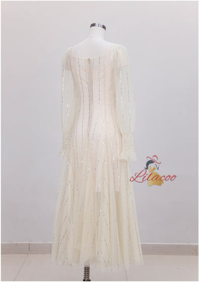 Beige Sequins Long Sleeve Prom Dress