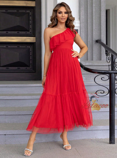 One Shoulder Flounce Mesh Dress