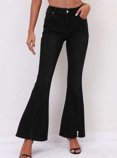 Stretch Front Split Black Flared Jeans