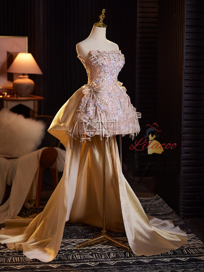 Champagne Sequins Strapless Beading Homecoming Dress