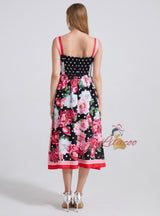 Retro Printed Slim Suspenders Dress