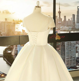 Ball Gown White Satin Cap Sleeve Wedding Dress