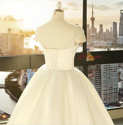 Ball Gown White Satin Cap Sleeve Wedding Dress