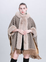 Plucked and Thickened Fur Collar Hooded Shawl