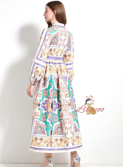 Shirt Breasted Slim Long Printed Dress