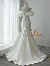 White Mermaid Satin Pleats Wedding Dress With Bow