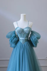 Blue Tulle Spaghetti Straps Prom Dress
