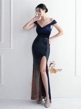 Velvet Sequins Off the Shoulder Prom Dress