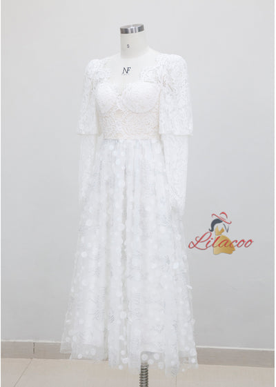 White Lace Long Sleeve V-neck Prom Dress