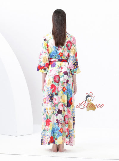 Retro V-neck Long Sleeve Printed Dress