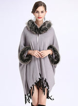 Large Size Loose Tassel Hooded Knitted Shawl Cloak