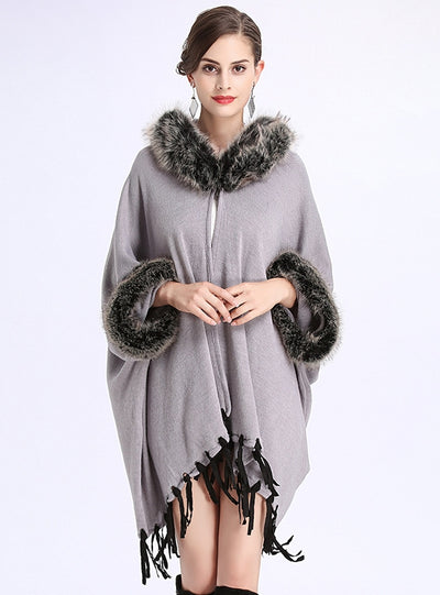 Large Size Loose Tassel Hooded Knitted Shawl Cloak