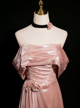 Pink Off the Shoulder Pleats Beading Prom Dress