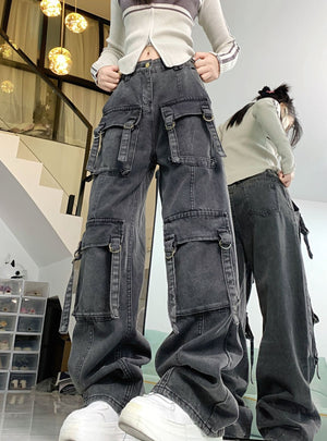 Retro High Waist Loose Straight Pocket Jeans
